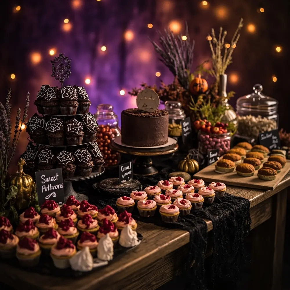30+ Halloween Wedding Ideas on a Budget That Look Absolutely Incredible 3 With bar a p wedding cake arranged and cupcakes themed dessert beautifully cookies smaller image halloween 3 elegant