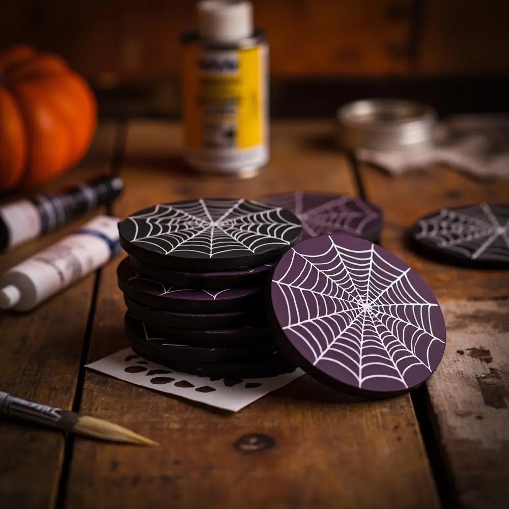 12 Charming Homemade Halloween Wedding Favors Your Guests Will Actually Want 3 Set ribbon a hand of coasters spiderweb 3 p elegant perhaps with image stacked painted