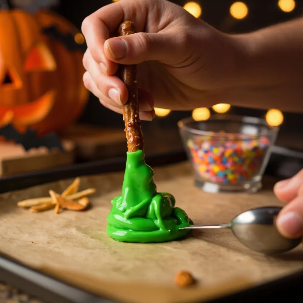 Easy Witch Finger Pretzel Rods: Spooky, Sweet & Toddler-Friendly! 2 8221 8220 hands showing shaping a p the pretzel dipping em rod into candy knuckle green image melt 3