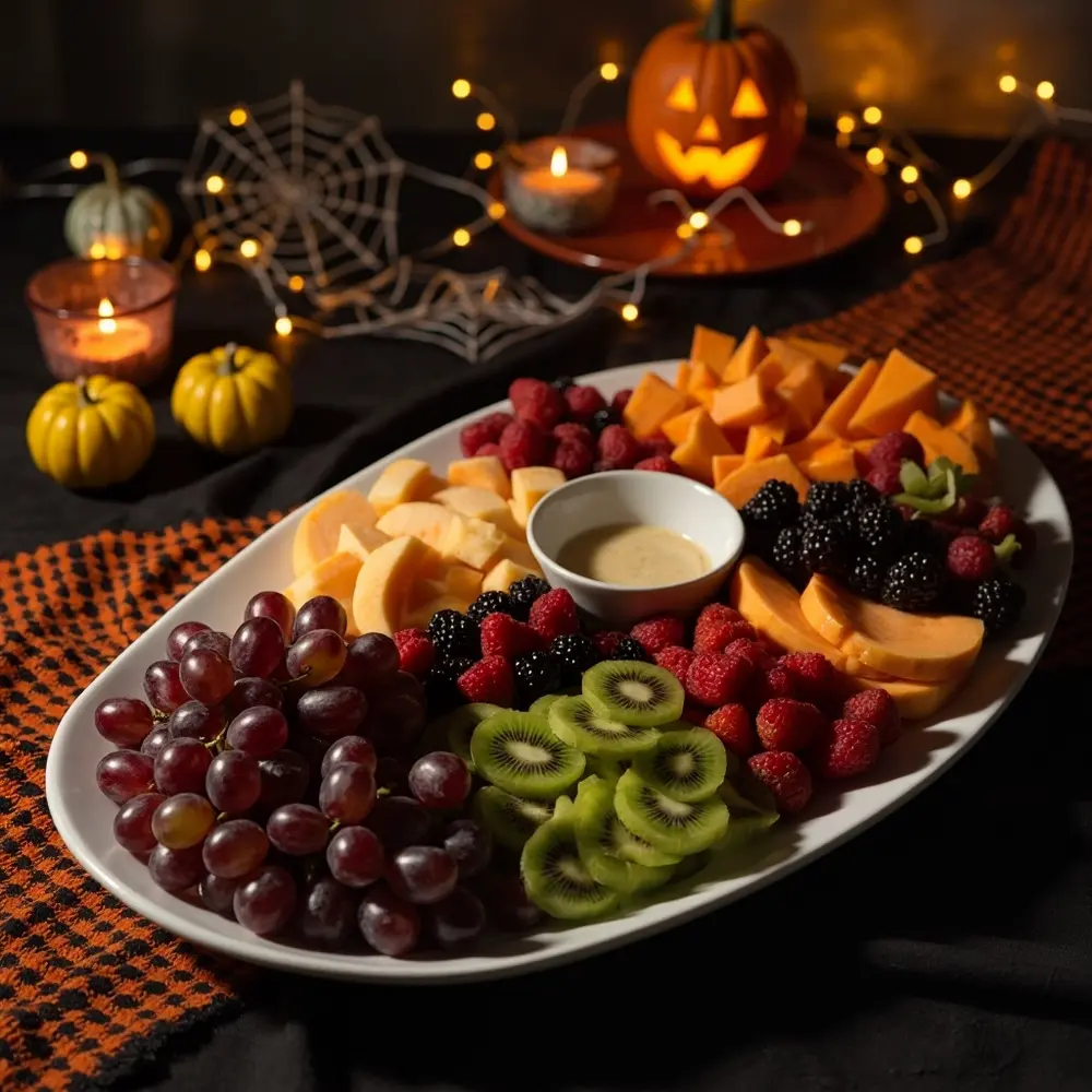 Spooktacular Halloween Fruit Platter: Easy Jack-o'-Lantern Faces & Kid-Friendly Fun 3 Faces fruit various jack with leaving lantern a o strategic p the arranged spaces em 8217 partially image fruits for platter 3