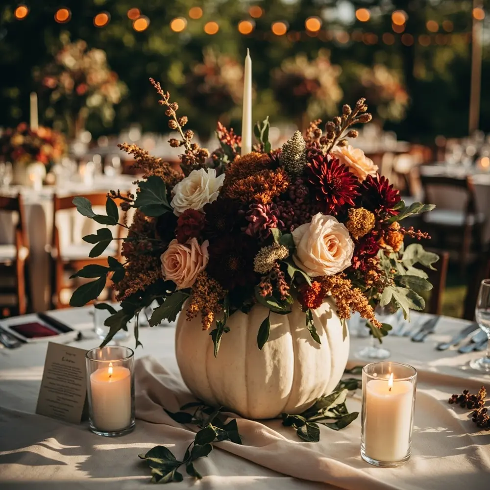 Gorgeous Fall Wedding Ideas: Elegant Pumpkin Decor Beyond the Carve 3 Arrangement white used instruction fall burgundy orange with focal g e on a of hollowed p or greenery cream and lush reception as flowers out pale image filled large placement pumpkin point 3 peach table