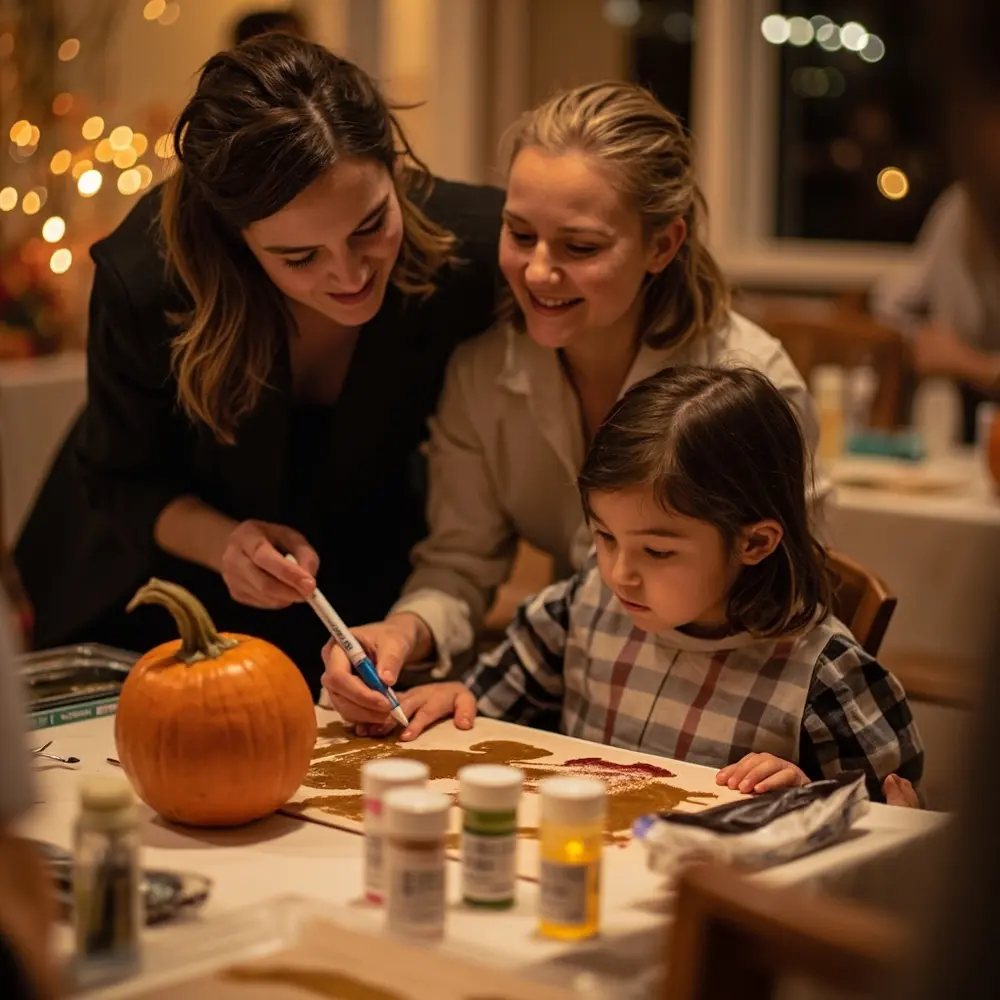 How to Set Up a Fun DIY Pumpkin Painting Station at Your Wedding 2 Them painting with sitting placemat materials a p wearing the gold around organized mini em disposable and child apron at station image happily pumpkin paint 3 pen