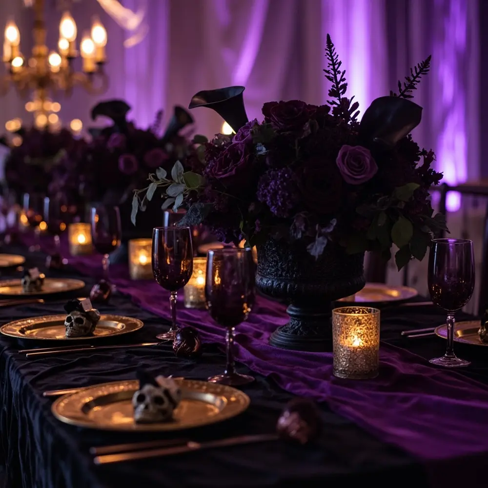 Candlelight black purple floral dark with a p centerpieces cutlery gold set and linens reception beautifully image atmospheric 3 table