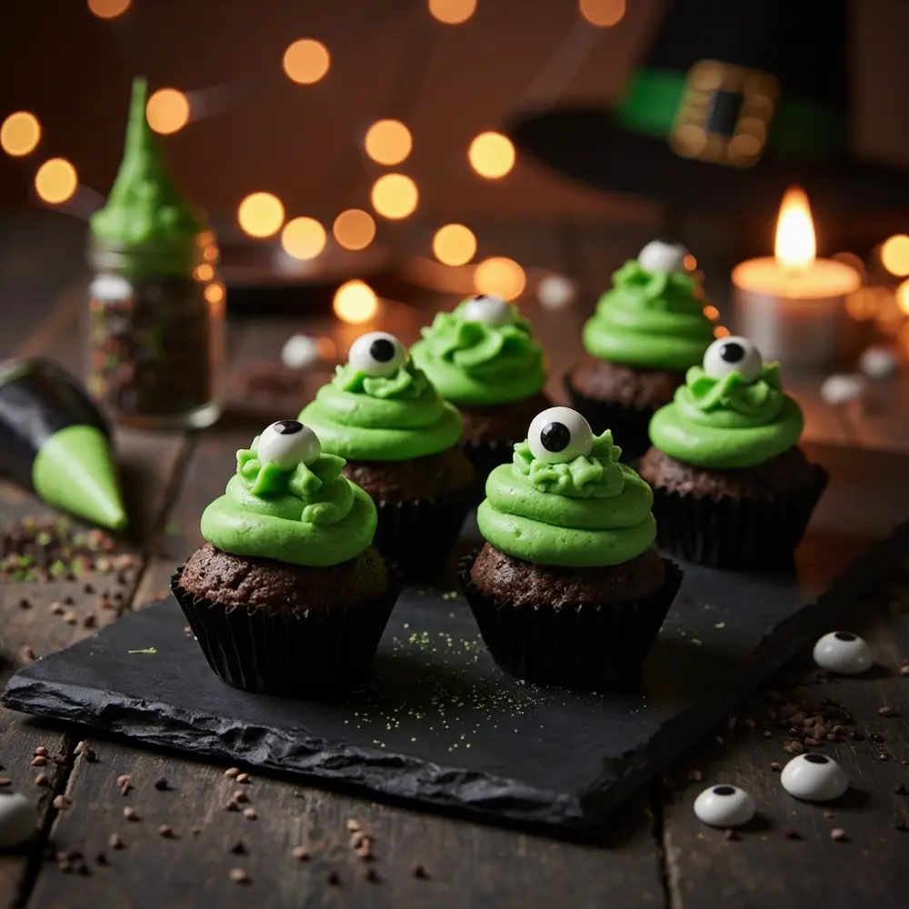 12 Spellbinding Witchy Treats: Easy Recipes for a Magical Halloween 3 Eyeballs instruction liners bites with a frosting p small resembling mini and bubbling topped in candy green cauldrons image paper placement 3 brownie few