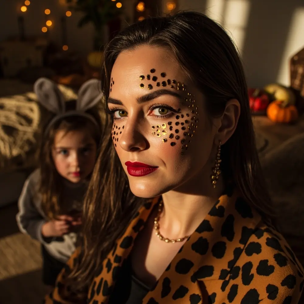 12 Cute & Easy Halloween Makeup Looks for Moms (Witch, Fairy, Cheetah & More) 3 Spots playful cheetah h2 3