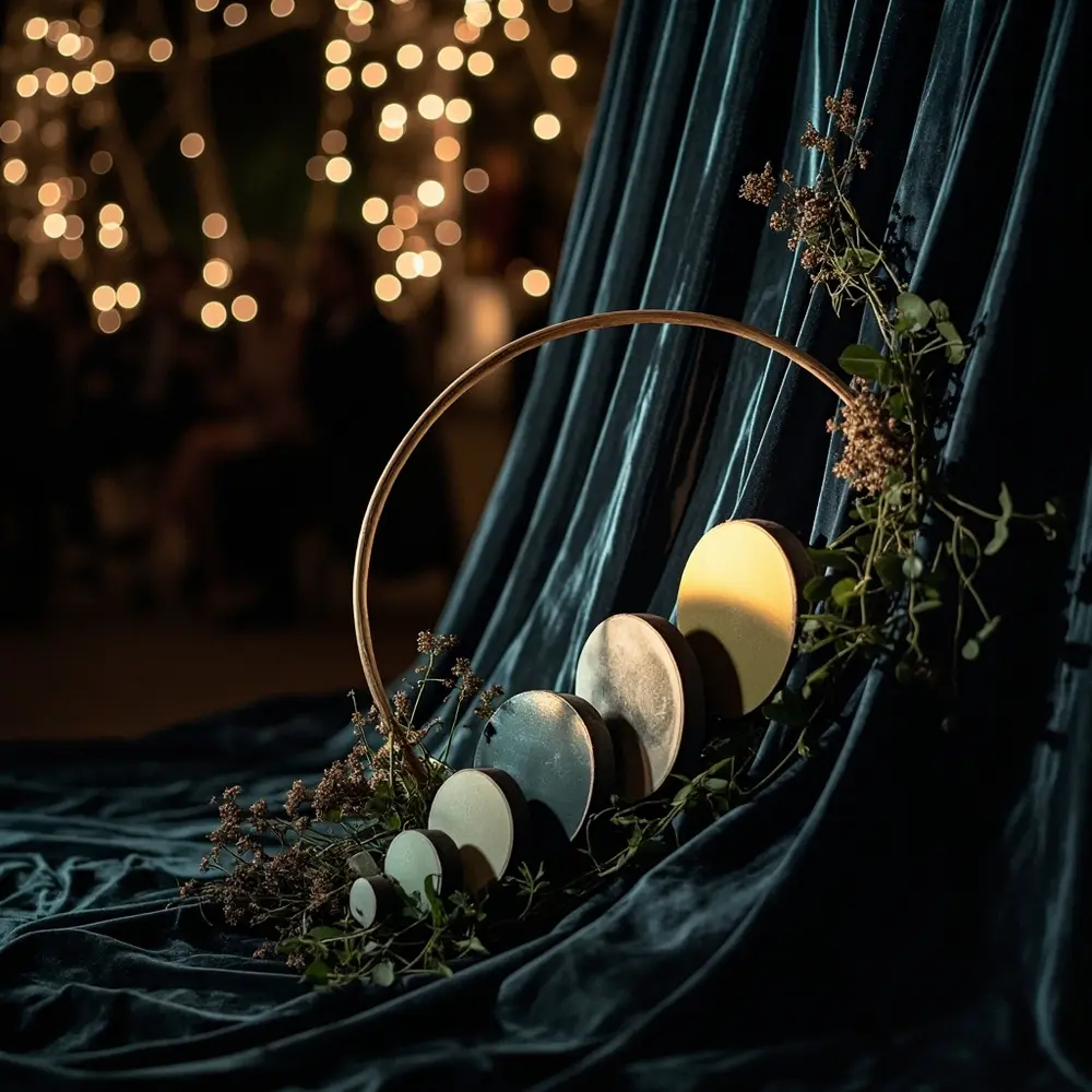 15 Boho Halloween Wedding Ideas for a Free-Spirited Spooky Vibe 3 Backdrop moon h2 altar 3 phase