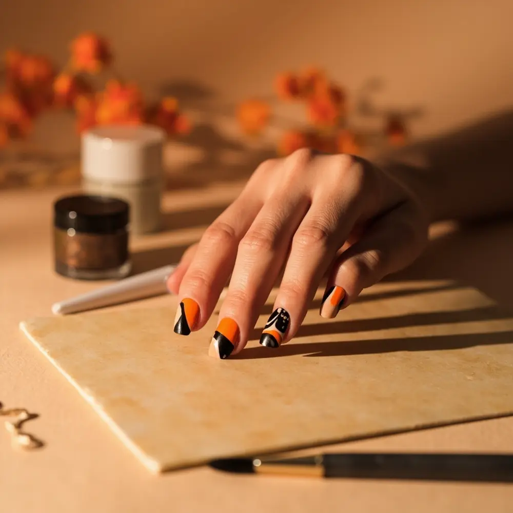 19 Minimalist Halloween Nails for a Modern & Chic Look 3 Abstract hand instruction black base orange with on a p neutral featuring and image placement 3 lines nails