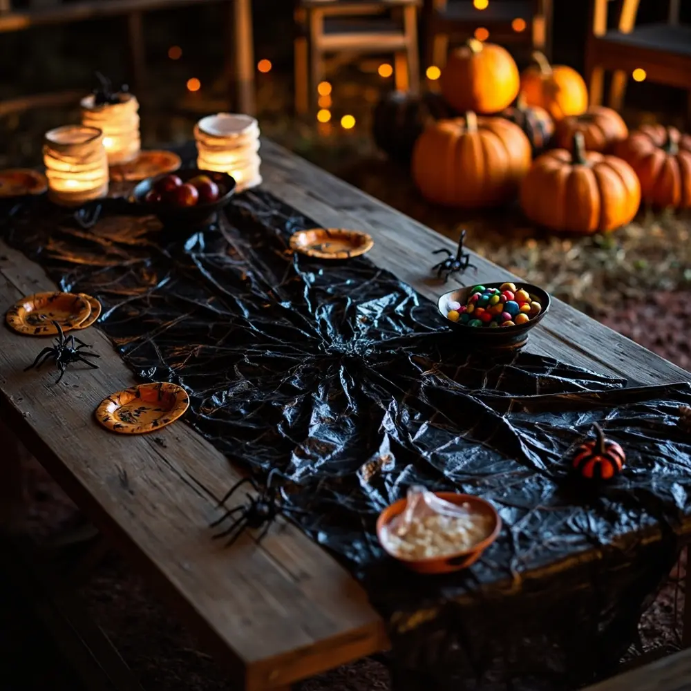 15 Spooktacular & Budget-Friendly Halloween Birthday Decorations (Thrifty Hacks for a Frightfully Fun Party!) 3 Instruction black with spiders on a scattered diy p bag tablecloth some spiderweb image placement party plastic top 3 trash covered table