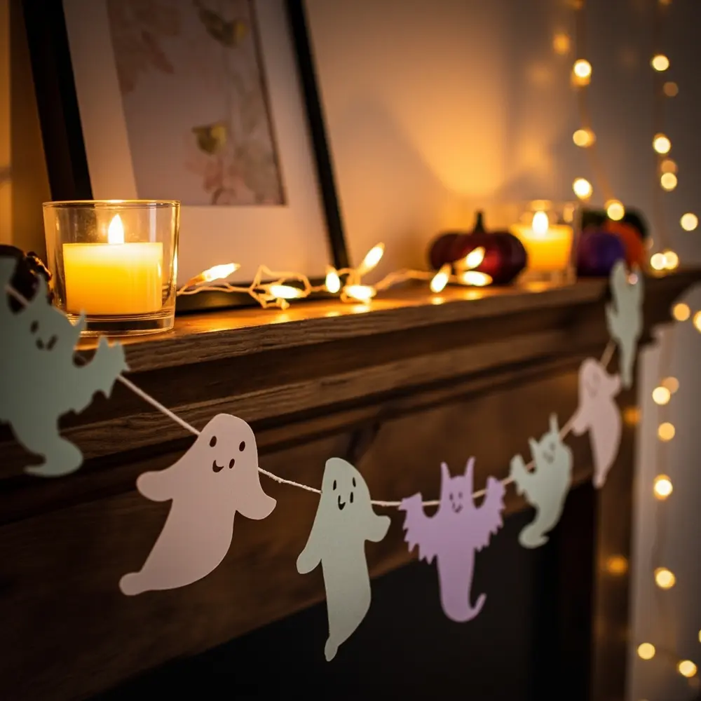 15 Dreamy DIY Pastel Halloween Birthday Party Ideas 3 Across instruction mantelpiece with a lighting up of p soft draped ghost close garland image placement pastel 3