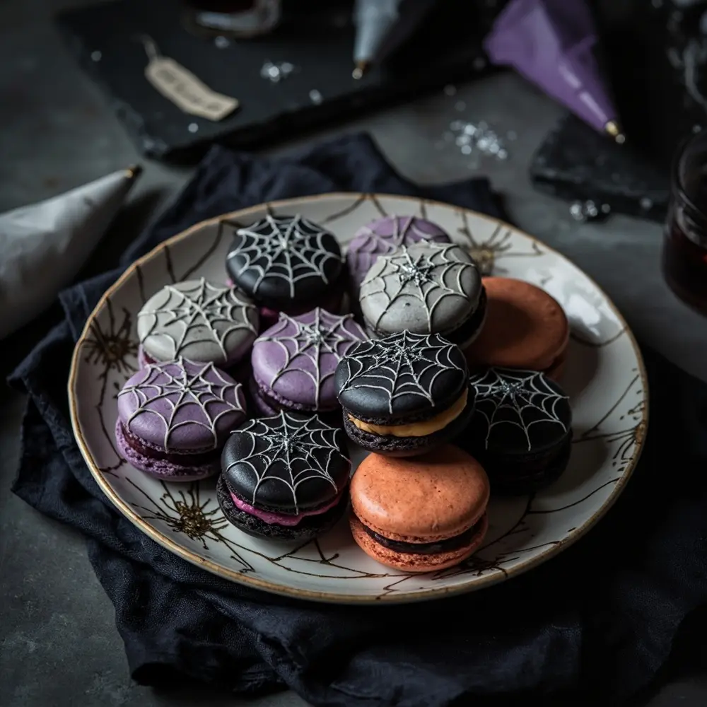 15 Elegant Spooky Dessert Bar Ideas for a Frightfully Sweet Wedding 3 Macarons h2 3 spiderweb