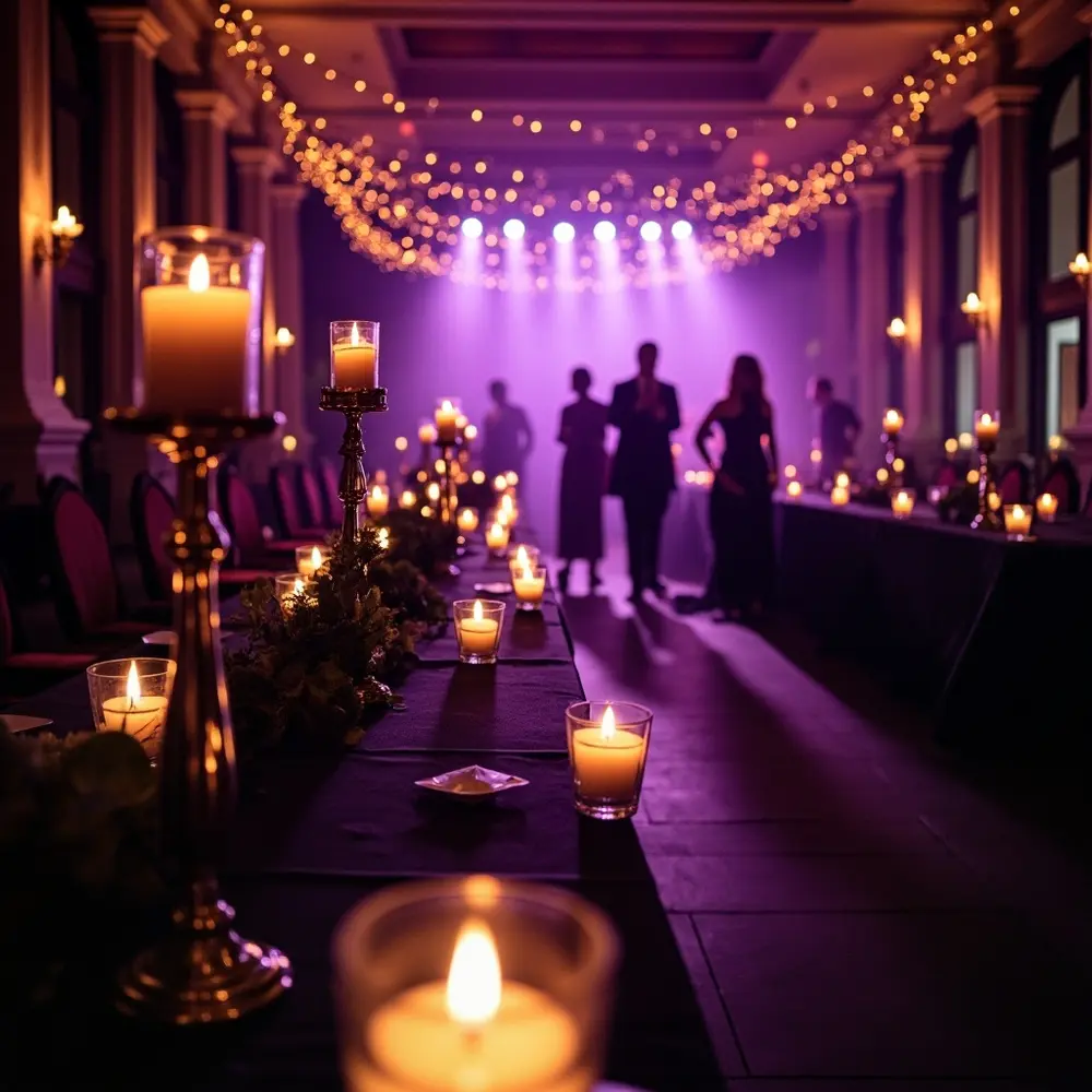 Instruction purple creating hall with numerous romantic a lighting bathed p wedding soft and candles in reception amber image placement atmosphere 3