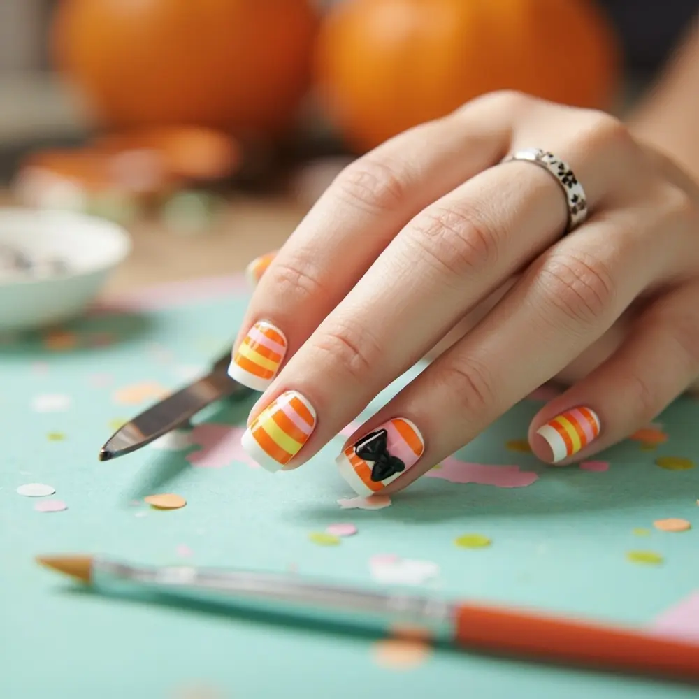 17 Girly Halloween Nail Designs That Are More Sweet Than Spooky 3 White instruction corn black horizontal orange with a bow p resembling and candy accent image placement stripes tiny pastel 3 yellow nails