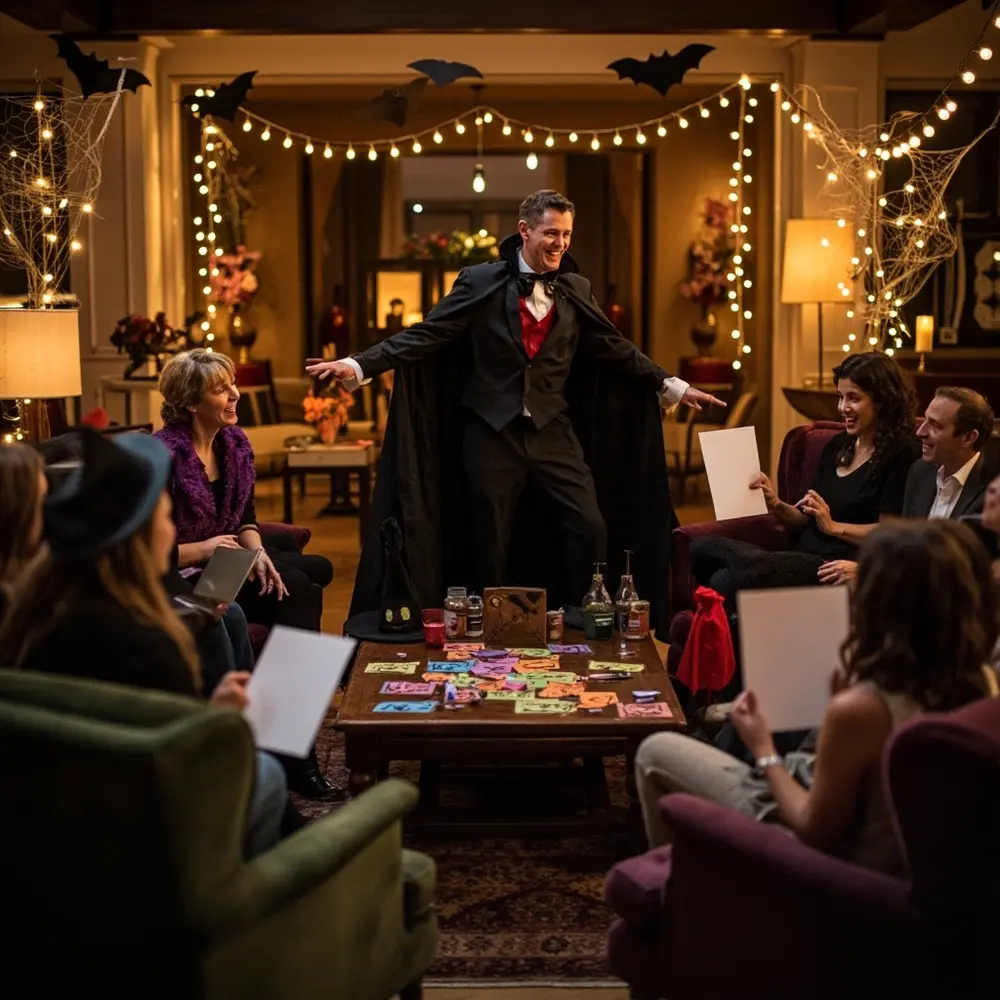 10 Fun Halloween Wedding Games That Kids and Adults Will Both Enjoy 4 Instruction with word a comically of p wedding acting group one some costume charades in person out image placement playing spooky guests 4