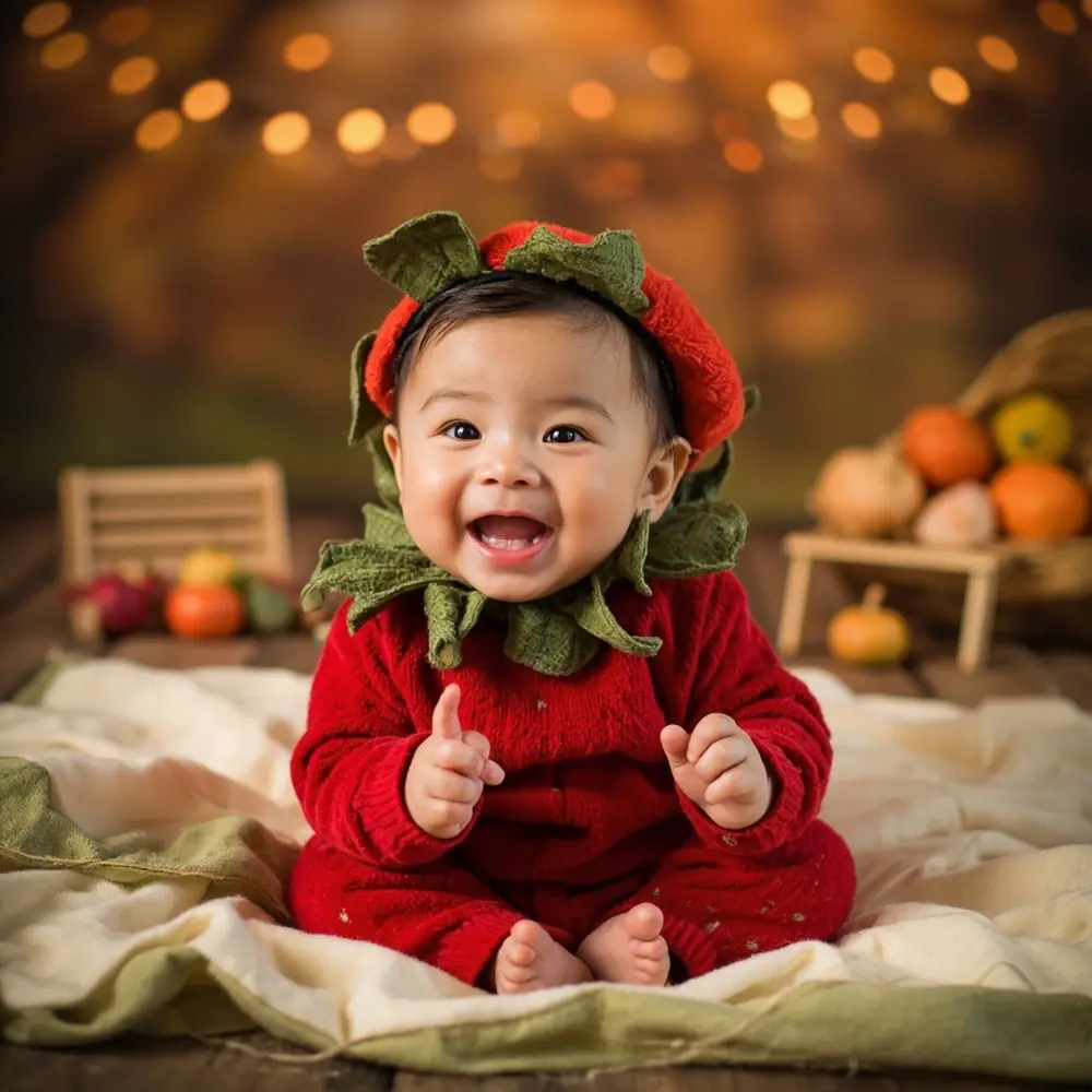 11 Adorably Cute Baby Halloween Costumes (That Are Actually Comfortable!) 4 Instruction with strawberry looking baby a p accents themed in cheerful green image bodysuit leaf placement 4 red