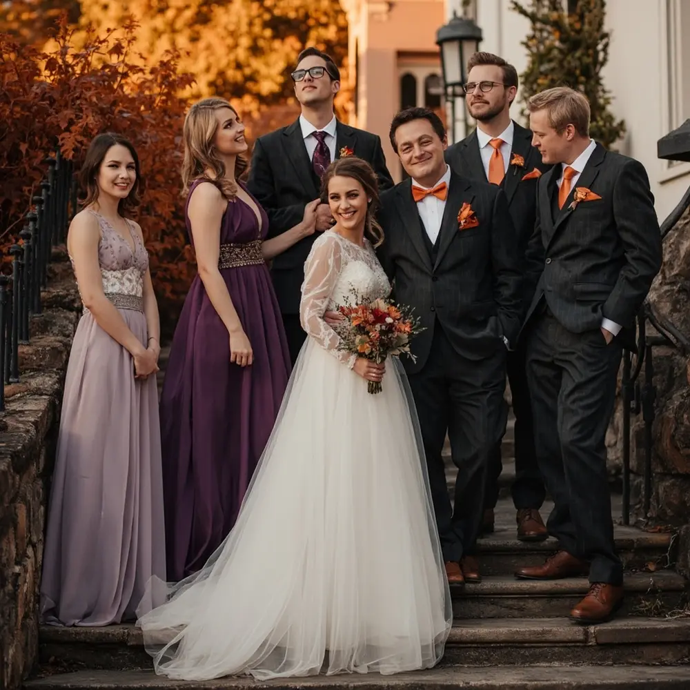 Instruction boutonnieres dusty orange dresses with a p bridal rust featuring and in image placement groomsmen party 4 bridesmaids elegant lavender photo