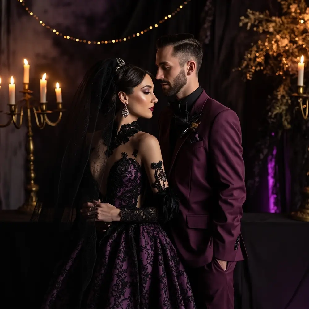 Bride black purple perhaps with a showcasing accessories p wedding the gown and deep in attire groom image couple suit 4 sophisticated elegant