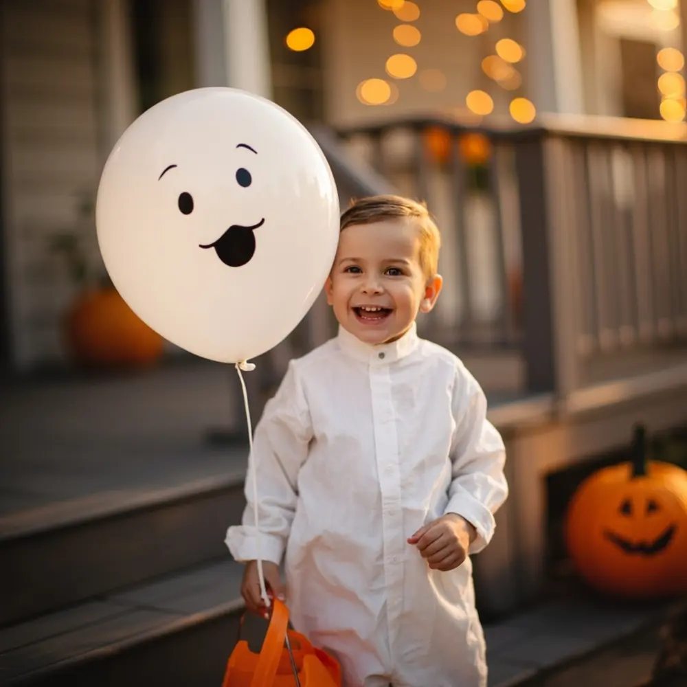 12 Spooky & Sweet Ghost Costume Ideas for Kids (Beyond the Basic Sheet!) 4 White friendly them outfit with a face floating p or simple ghost above child in image beside 4 balloon