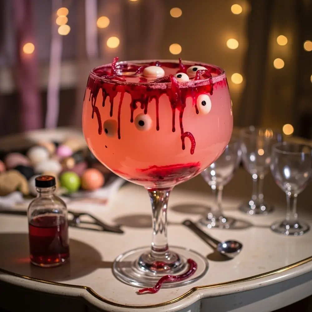 10 Pinkoween Treats for a Trendy Halloween Party 4 Lemonade instruction with a sides syrup p the and down clear image filled dripping placement pink garnishes bowl spooky 4 few red punch