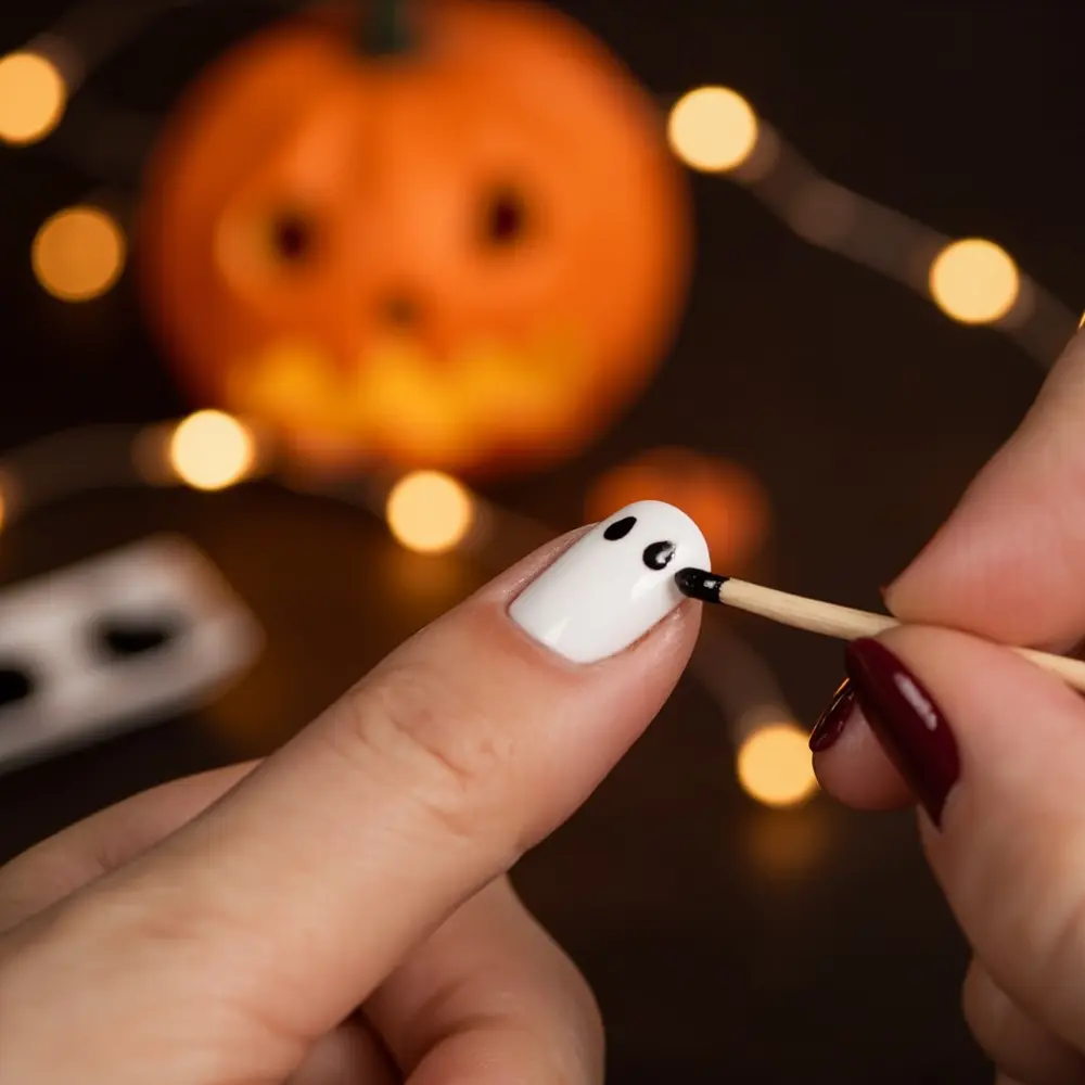 5-Minute Manicure: The Easiest DIY Ghost Nail Art Tutorial for Beginners 4 Eyes dots instruction black with looking a up of complete p the shape ghost and close nail image for placement two 4