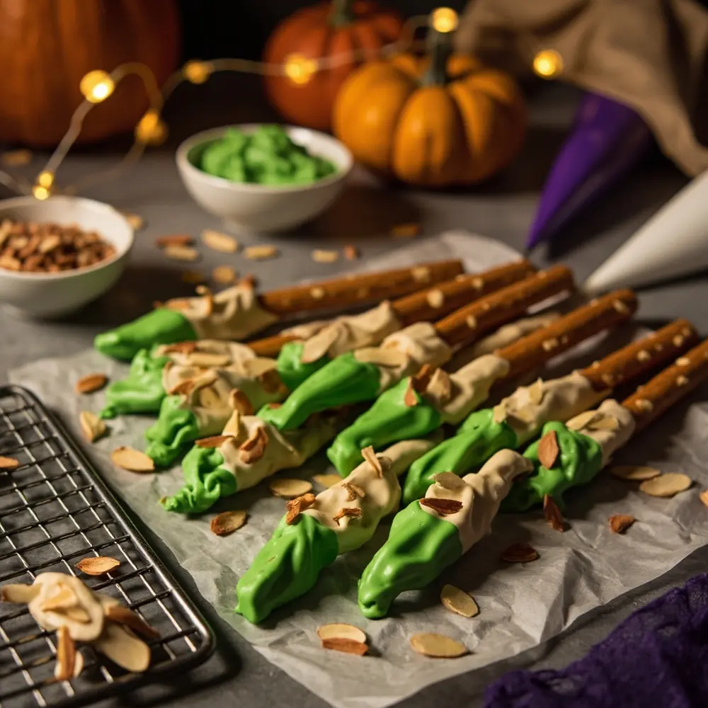 15 Easy & Delicious Halloween Snacks: Spooky, Savory, and Sweet Treats for Everyone 4 White fingernails instruction with up of p chocolate pretzel dipped almond 8216 8217 close tinted green image rods placement 4