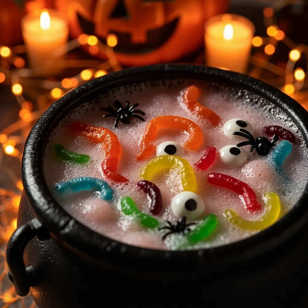 Brew Up Fun: The Ultimate Glowing, Kid-Friendly Witch's Cauldron Punch Tutorial 4 Instruction worms with up of floating p other the and close gummy image placement garnishes spooky 4 punch