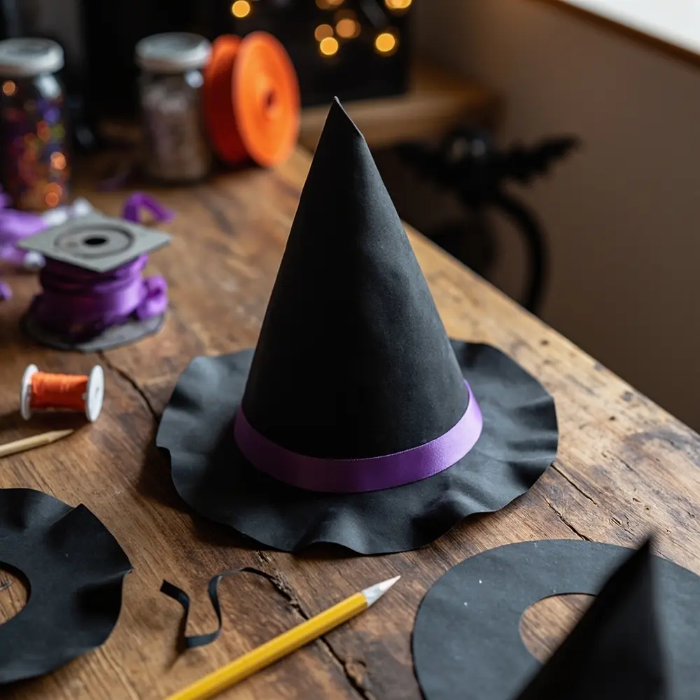 Spooktacular DIY: Frankenstein & Witch Birthday Hats Tutorial 4 Em and assembly components of witch brim 4 cone laid p before out hat image the
