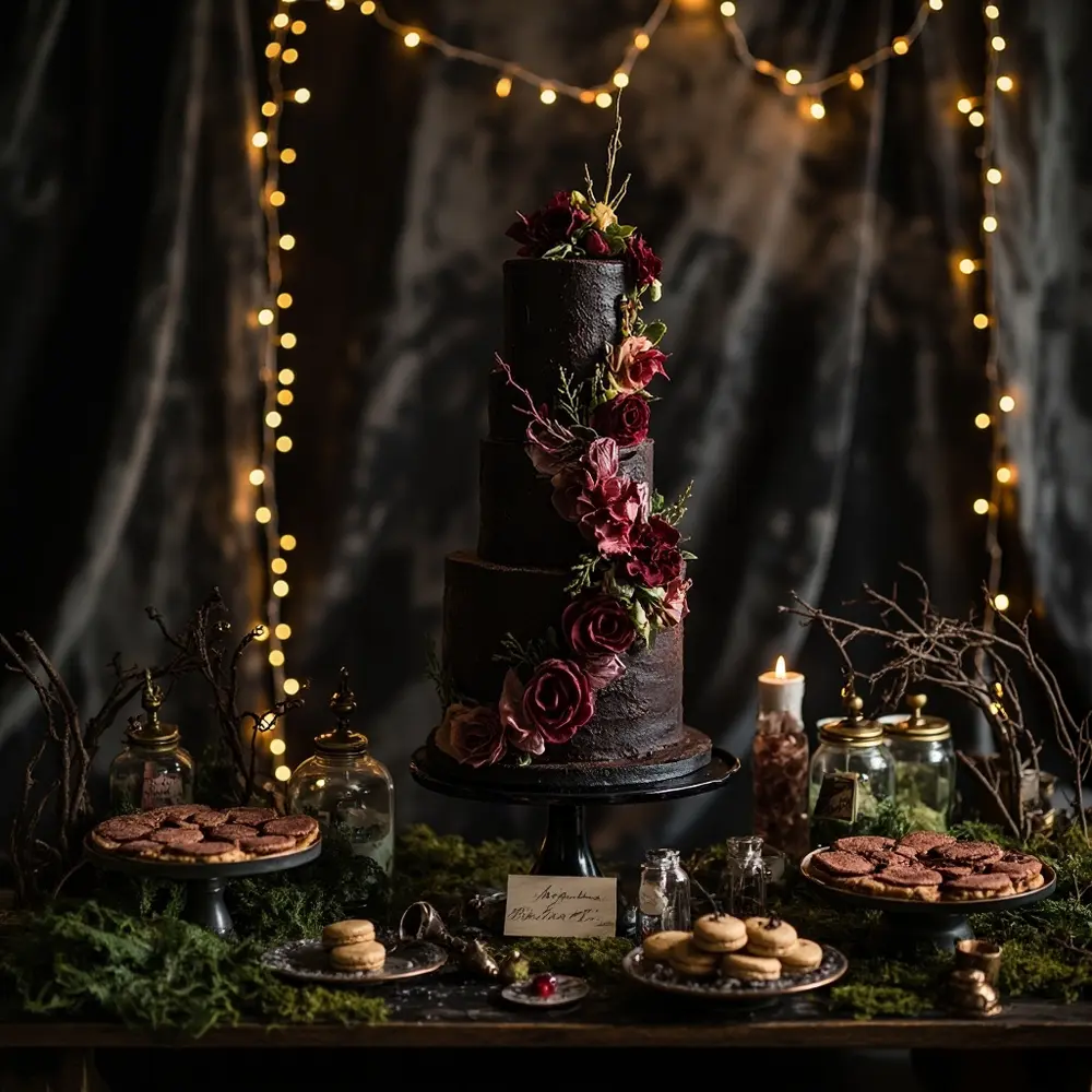 A Dark Fantasy Wedding: Magical Ideas for an Enchanted Celebration 4 Enchanted artfully dark with bar pastries a multi p featuring cake bottles arranged and an 8216 8217 aesthetic tiered dessert themed potion image 4 elegant