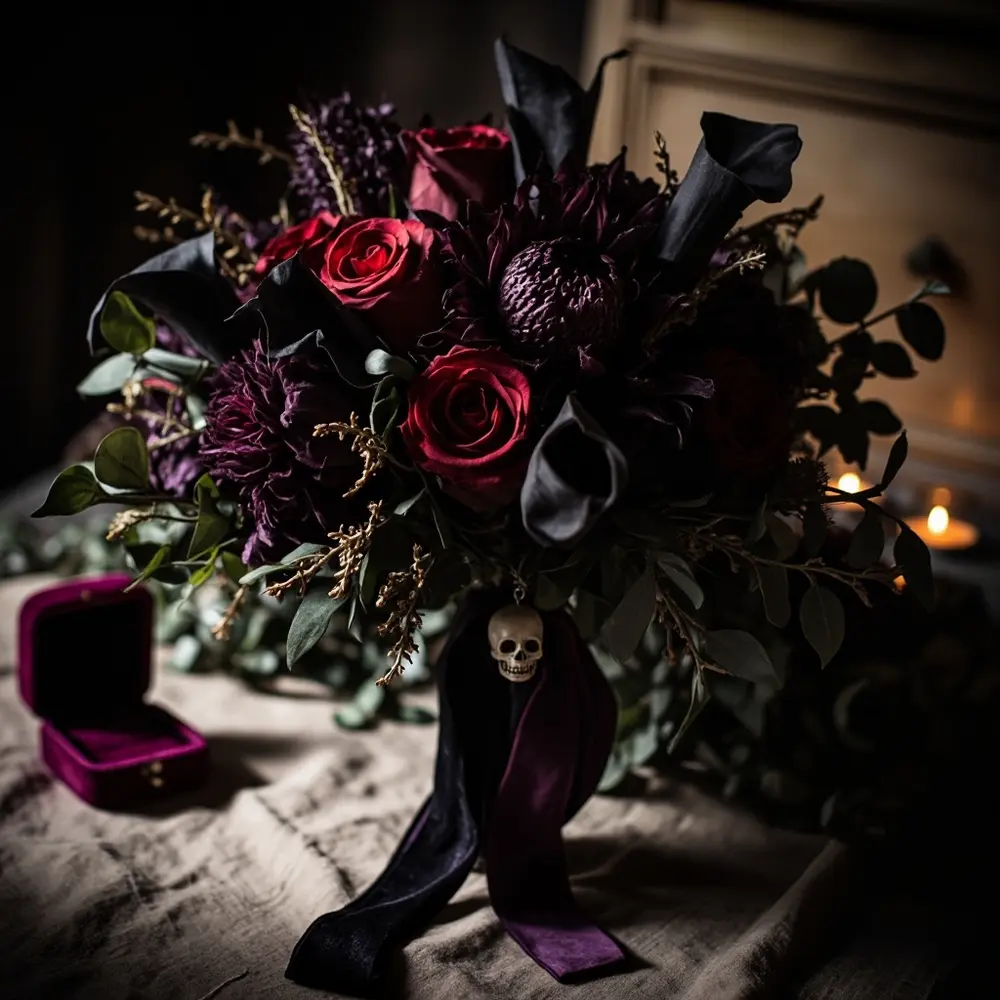 15 Boho Halloween Wedding Ideas for a Free-Spirited Spooky Vibe 4 H2 4 floral 038 skull dark bouquets