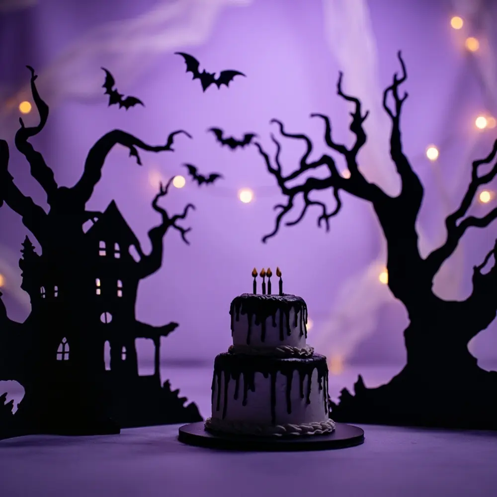 Create a Spooktacular DIY Halloween Birthday Photo Booth Corner: Easy Backdrops & Printable Props 4 Finished black purple birthday with house backdrop a on background p subtle cake and bats image haunted silhouette 4 light