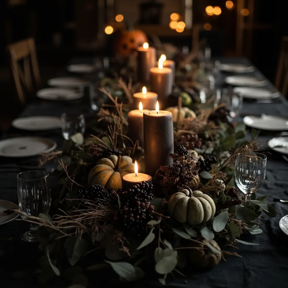 How to Create Moody Rustic Fall Wedding Decor (Easy DIY Guide) 4 Placement on a finished instruction centerpiece with styled 4 p dark tablecloth table image