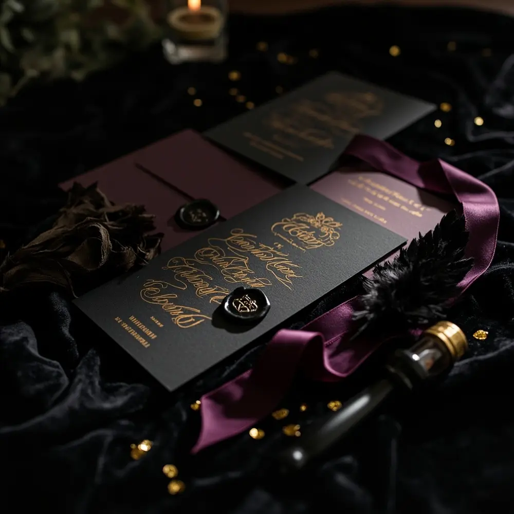 Elegant Gothic Wedding on a Budget: Stunning Ideas for a Dream Celebration 4 Flat invitations instruction dried lay dark perhaps with calligraphy a seals of feather p wedding or ribbon and image placement wax 4 gothic flower elegant