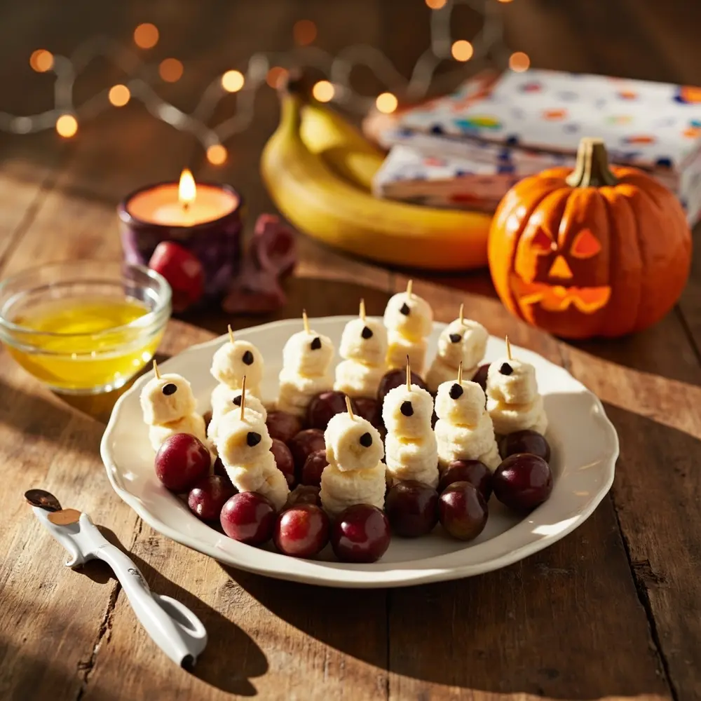 15 Spooktacular & Family-Friendly Halloween Birthday Appetizers (Quick & Allergy-Aware!) 4 Skewers grapes ghost faces white slices and on a chip 4 p plate banana chocolate with image