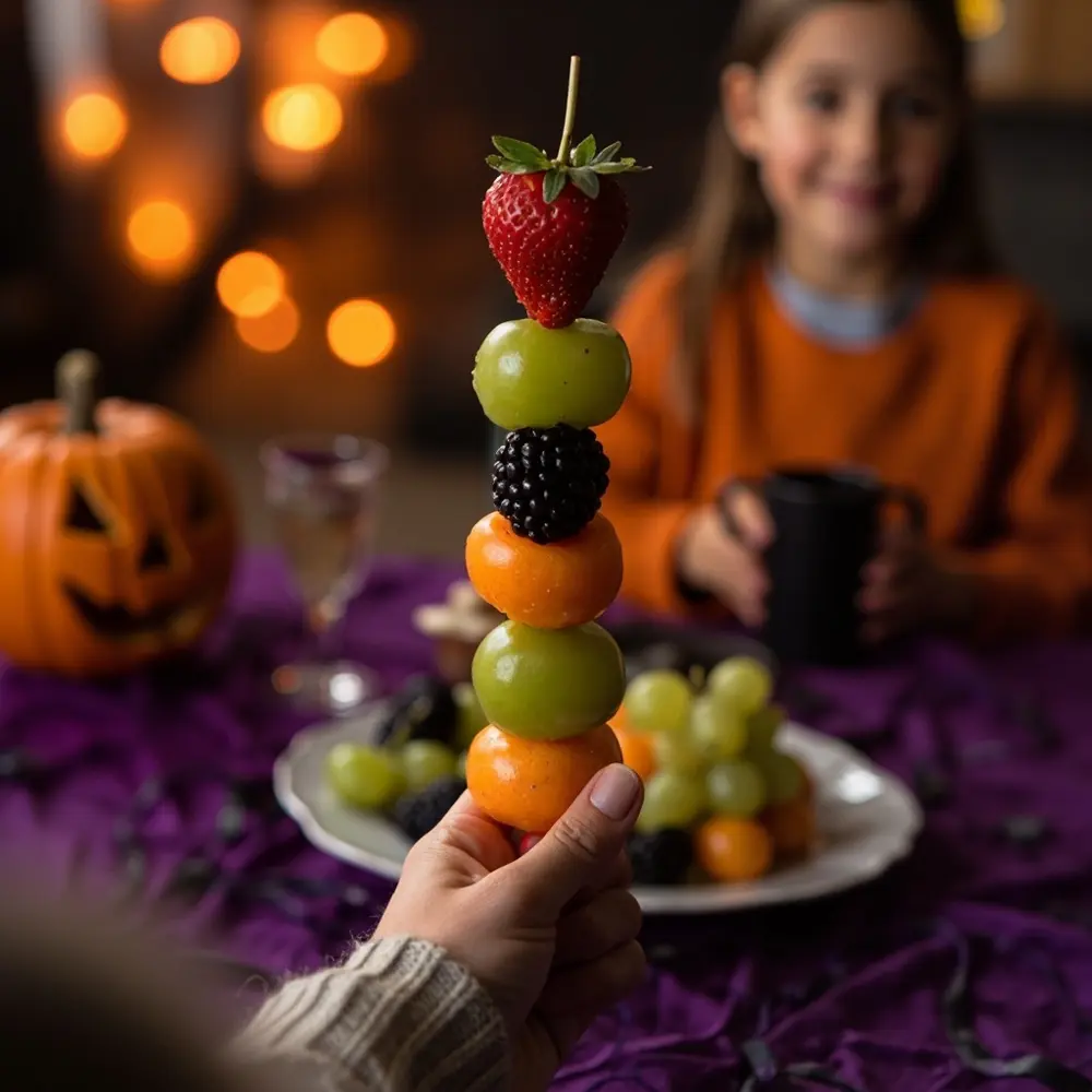 Spooktacular & Safe: Easy Allergy-Friendly Halloween Snacks for Everyone 4 Vibrant grapes fruit hand dark orange colors a showcasing melon of p the em skewer and green image completed berries holding 4