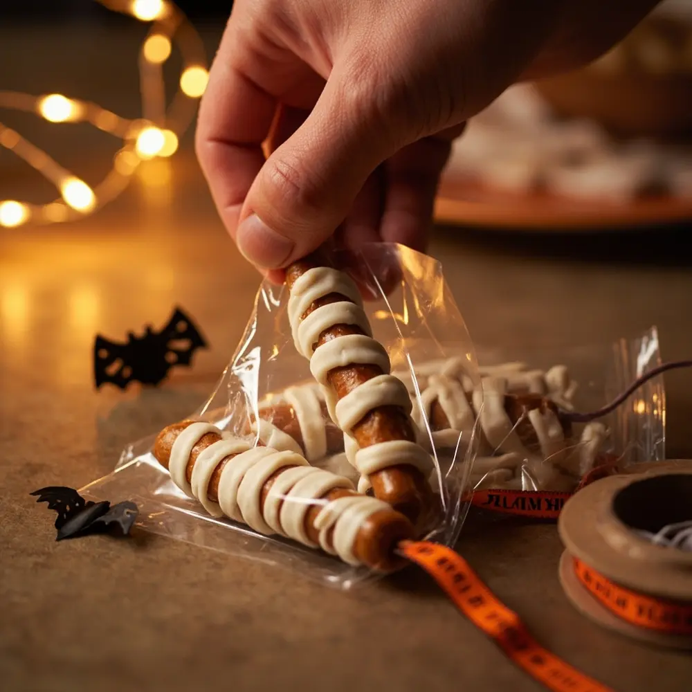 How to Make Classroom Halloween Treats That Are Safe & Easy 4 Packaged finished hand instruction with a of background individual p bag mummy pretzel other the treats into in clear image placement placing treat individually 4 pile