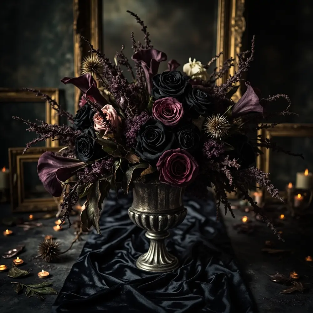 13 Elegant & Eerie 'Til Death Do Us Part' Decor Ideas for a Unique Wedding 4 Romance h2 4 floral gothic arrangements