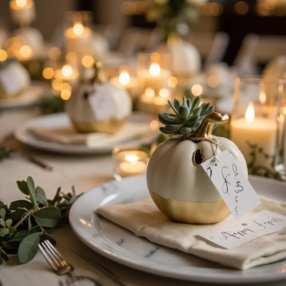 Gorgeous Fall Wedding Ideas: Elegant Pumpkin Decor Beyond the Carve 4 White instruction miniature card with holders setting serving calligraphy a each p wedding or gold set pumpkins at beautifully as image placement 4 place elegant table painted