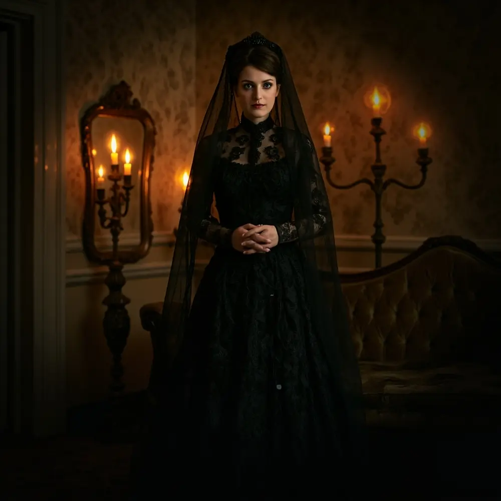 17 Stunning Halloween Wedding Dresses: Black, Red, & Gothic Gowns for a Spooky Chic Celebration 4 Mourning lace neck dress victorian h2 black 4 038 high the