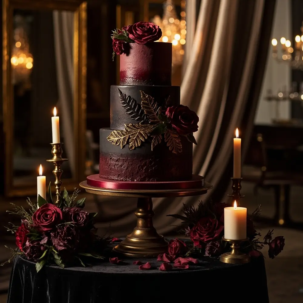 The Ultimate Romantic Goth Wedding Guide: Inspo & Ideas You'll Love 4 Instruction black burgundy dark with g adorned e a sugar multi frosting p wedding or subtle cake gold lace and deep accents tiered image placement roses edible 4