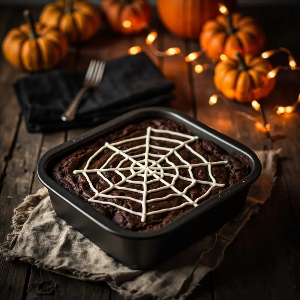 Spooktacular & Easy Dairy-Free Halloween Treats: Your Allergy-Friendly Guide 4 White finished free executed design overhead dairy with brownies square on a of p shot an spiderweb image perfectly top 4 pan