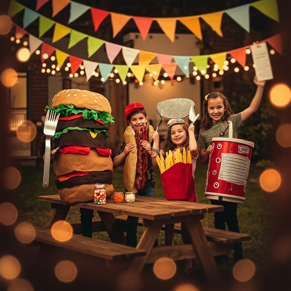 12 Spooktacular Group Costume Themes for Your Halloween Birthday Bash 4 Fries instruction dressed food different g e a dog soda p burger interacting group items as image placement playful 4 hot