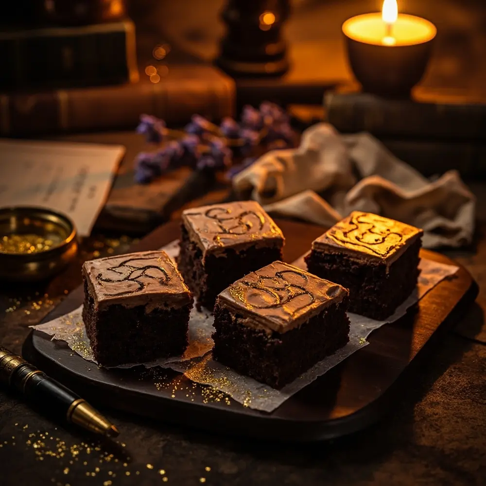 12 Spellbinding Witchy Treats: Easy Recipes for a Magical Halloween 4 Instruction rectangular with brownies look like decorated p writing gold old and accents image spellbooks placement edible 4 to