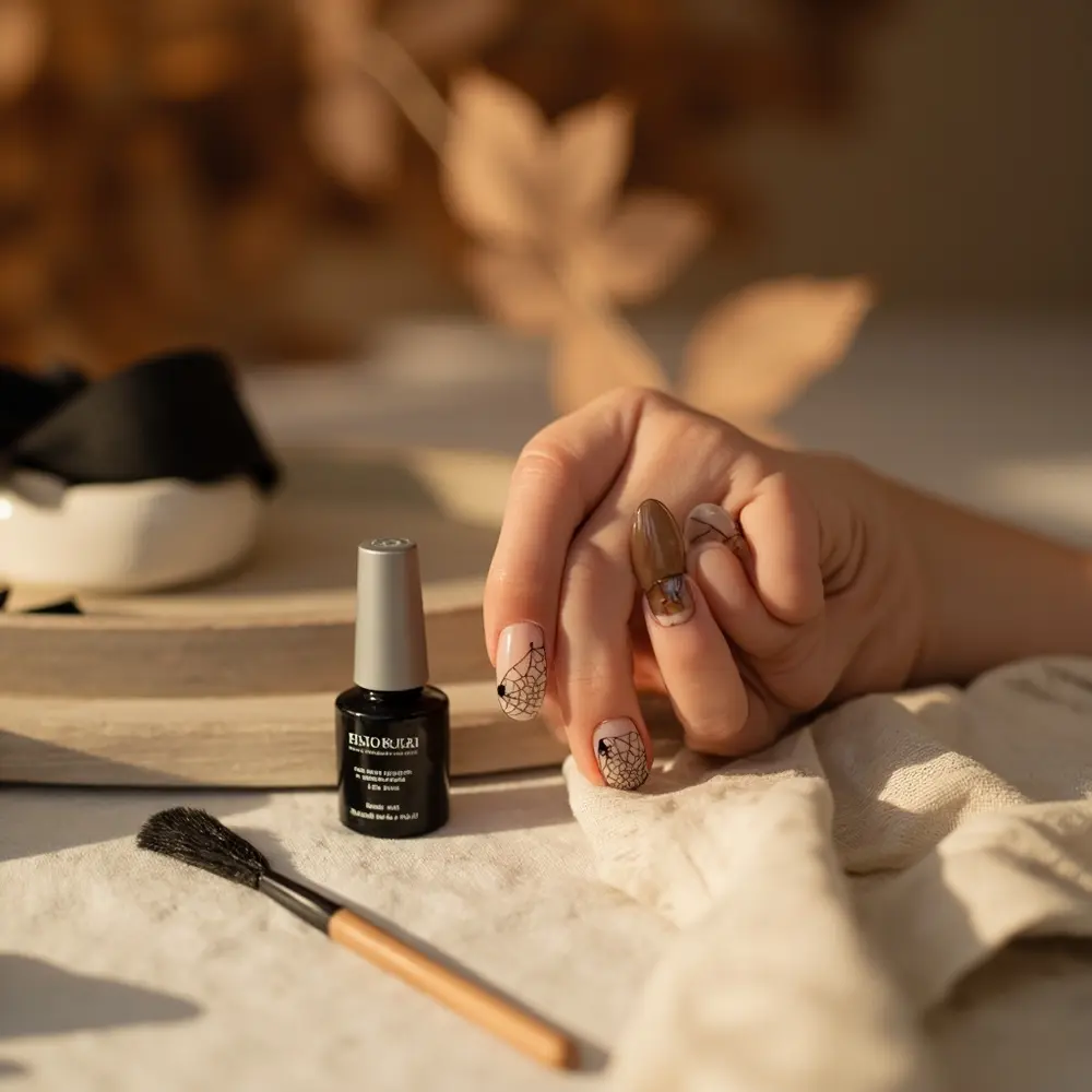 15 Classy Halloween Nail Ideas for a Sophisticated Manicure 4 Detail cobweb nude h2 4 base delicate with