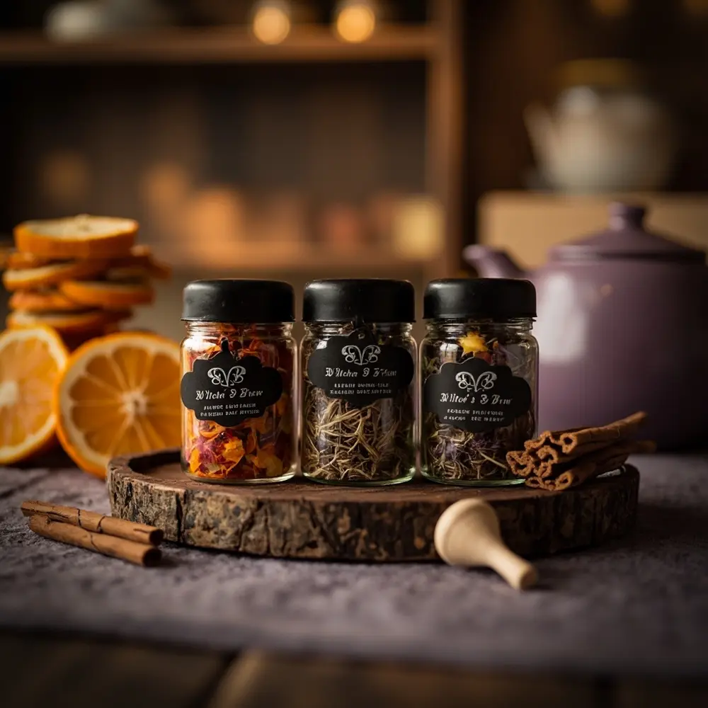 12 Charming Homemade Halloween Wedding Favors Your Guests Will Actually Want 4 Loose leaf 8221 8220 8217 tea witch h2 4 s jars brew