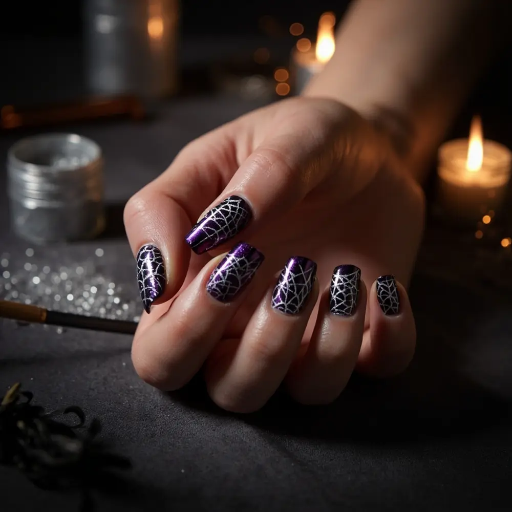 19 Insanely Cute Halloween Nail Designs Kids & Moms Will Adore (Kawaii, Pastel & Retro Fun!) 4 Cute subtly accents h2 4 sparkly spiderweb