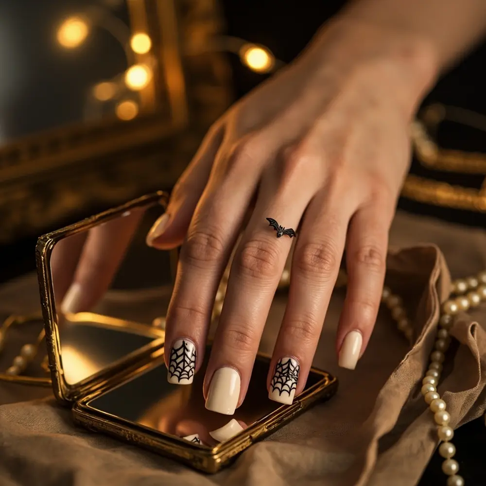 Patterns instruction black inspired base delicate with square bat a p small single featuring art deco cream and shaped spiderweb image placement silhouette 4 nails