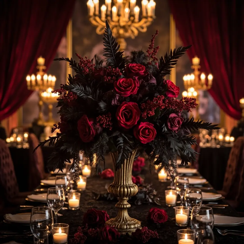 Vase instruction centerpiece black ornate dark feathers a p featuring tall foliage gold and an deep in dramatic image placement roses 4 red