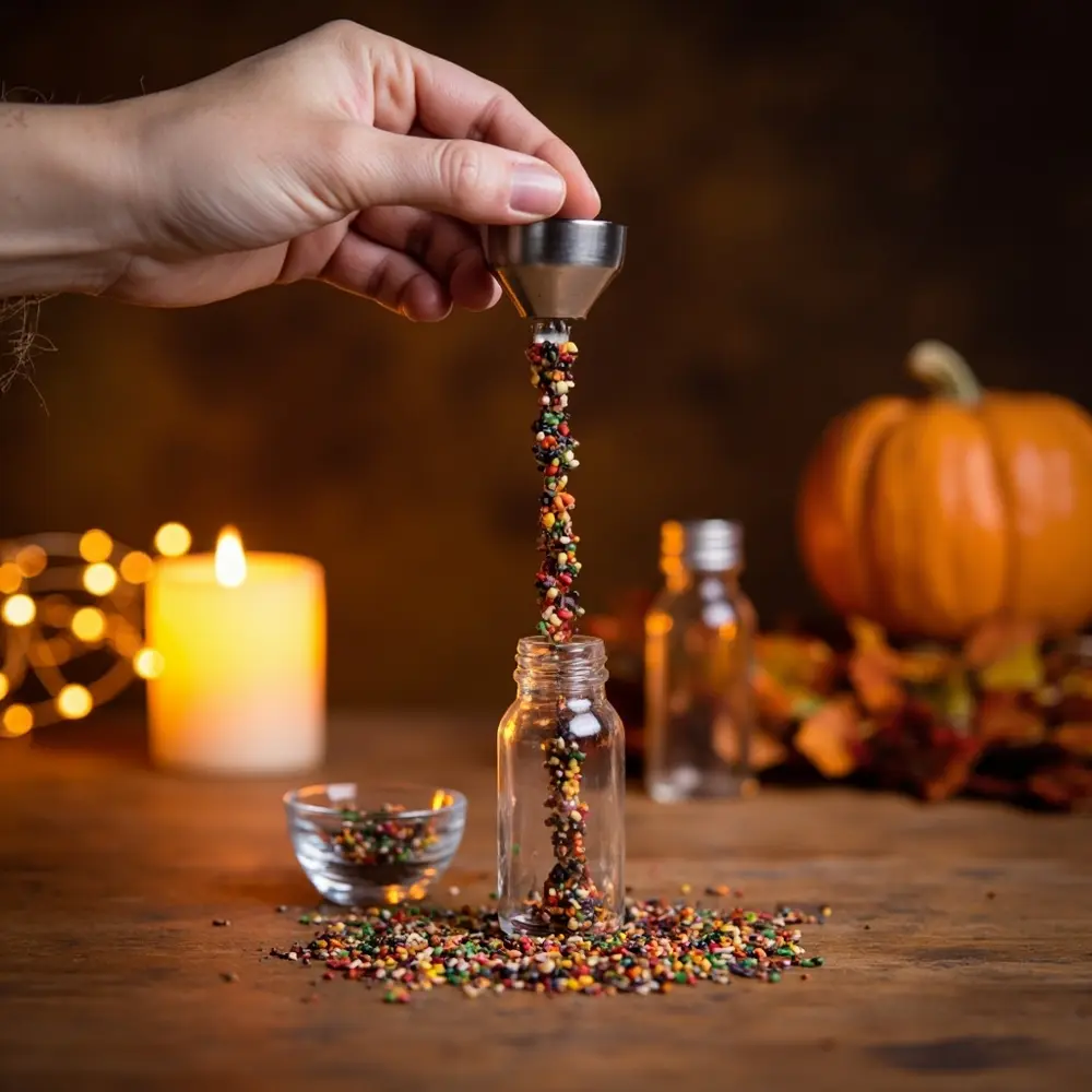 How to Make Custom Potion Bottle Favors for Your Magical Wedding 4 Hand instruction chosen leaves sprinkles with g e a p small using or tea potion fill image placement funnel 4 to filler bottle