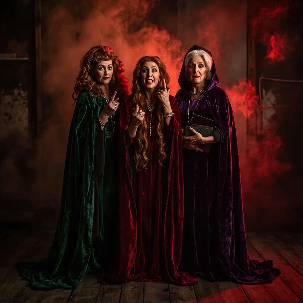 15 Genius Group Halloween Costume Ideas for Moms & Their Friends 4 Dressed pose moms perhaps with sisters smoky a background p the striking sanderson as dramatic image 4 three