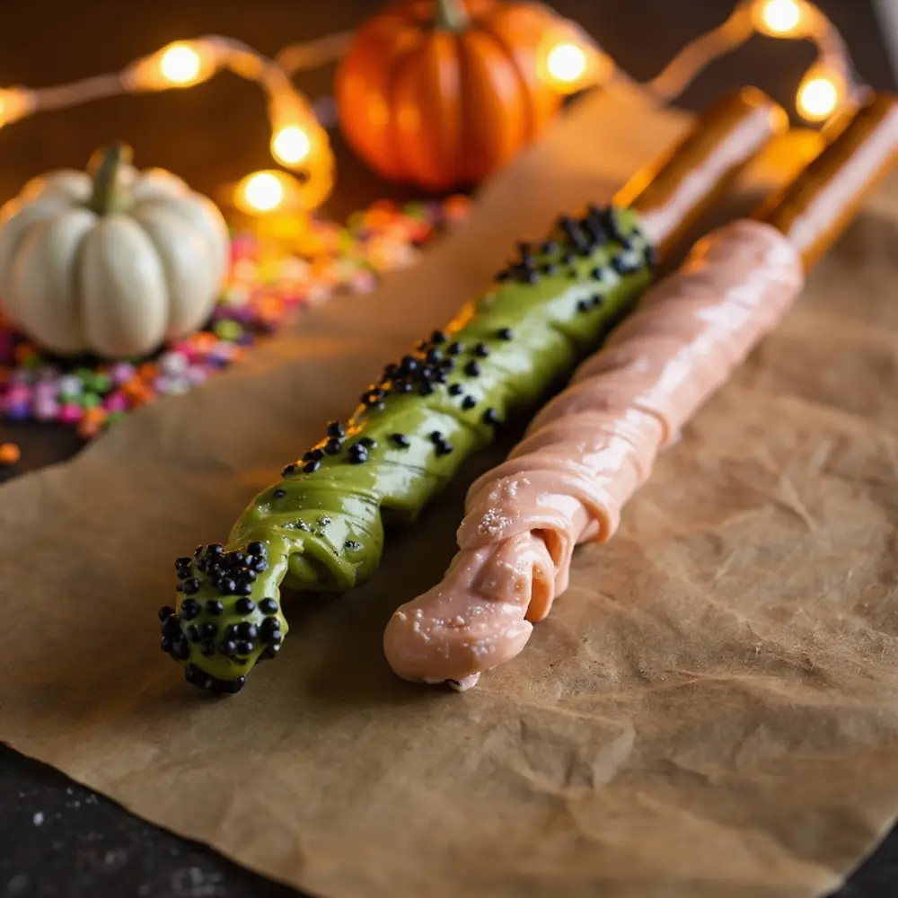 Easy Witch Finger Pretzel Rods: Spooky, Sweet & Toddler-Friendly! 3 Version 8221 8220 witch sprinkles by with both a showcasing decorated p side pretzel almond em an and rod nail image spooky 4 pastel finger