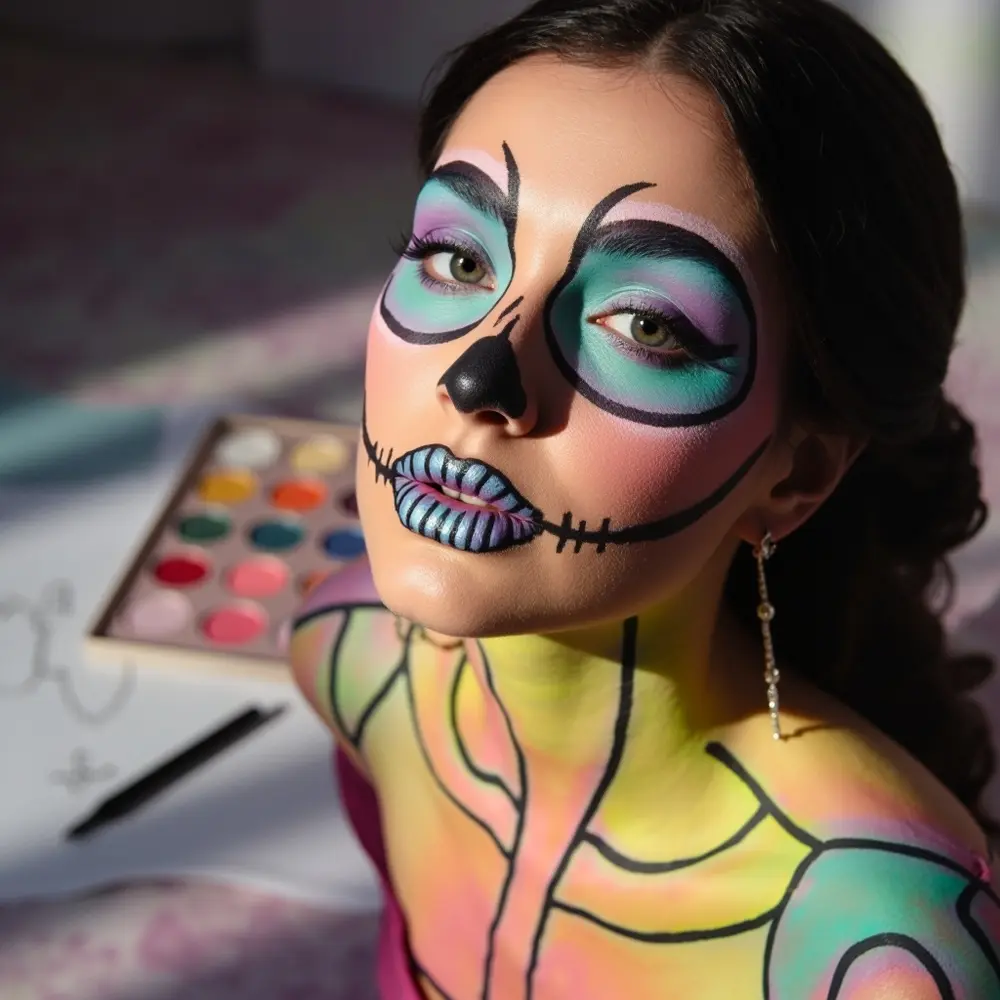 12 Sweet & Spooky Pastel Skeleton & Sugar Skull Makeup Ideas 4 Vibrant instruction clearly with showing a model skeleton of rainbow p distinct sections color image placement makeup 4 pastel